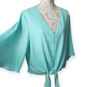 Kancystore Turquoise Blue Front Tie Blouse Size XL